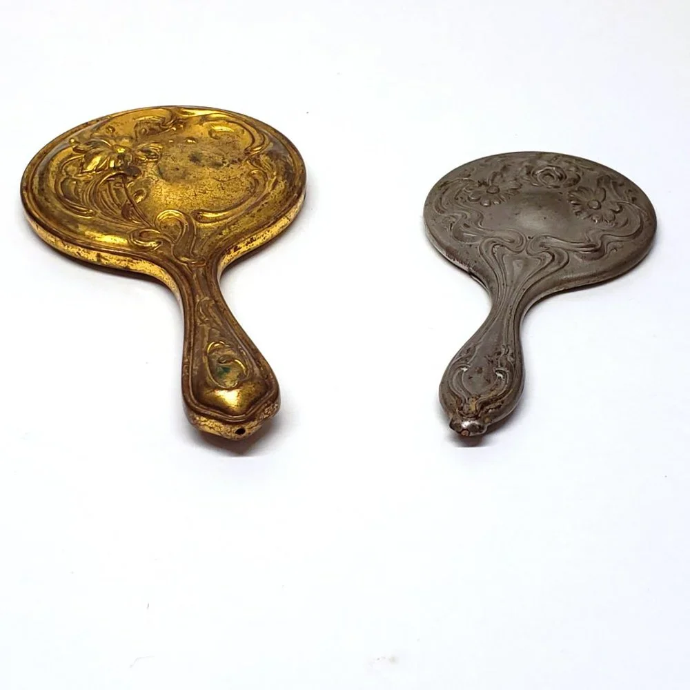 Art Noveau Vanity Mirror Lot Chatelaine Hand Beveled Antique Daisy Flower